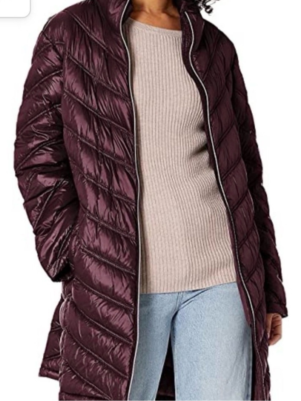 Calvin Klein Quilted Long Puffer Coat in Plum